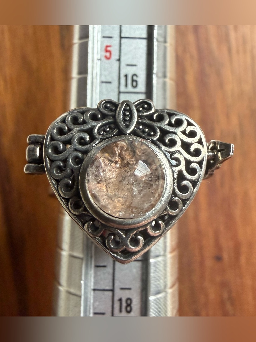 Silver Tone Heart Locket Filigree Ring with Acrylic Center Poison Perfume